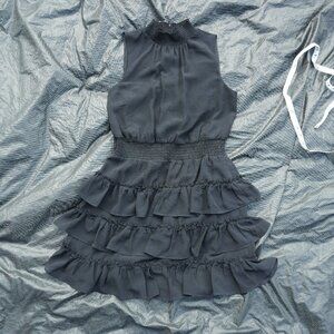 S Women's Black Sleeveless Mock-Neck Ruffle-Skirt Mini Dress